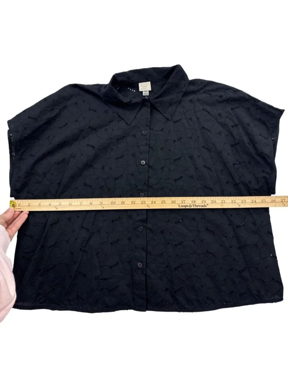 A New Day Women's XXL Black Eyelet Blouse Short Sleeve Button Up Cotton Feminine